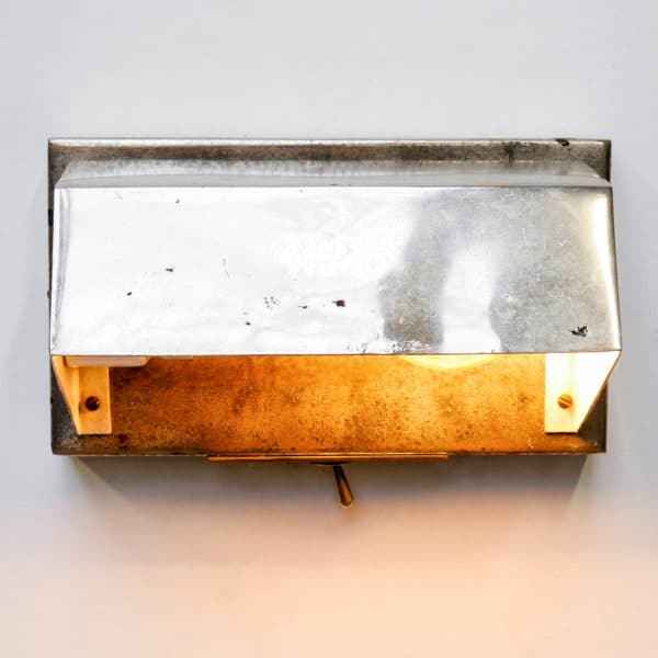 anciellitude Old industrial wall light chrome plated, pretty cube-shaped, brass plate holding the switch button. Beautiful design.