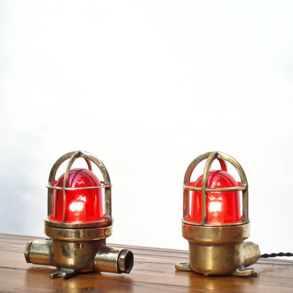 Pair of Small Lamp in Brass with Red Glass anciellitude