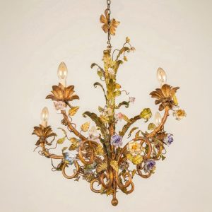 Floral Basket Chandelier with Porcelain Flowers — Louis XV Style, 20th Century anciellitude