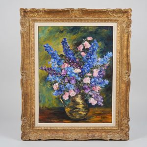 "Bouquet de Delphiniums et Campanules" – Huile sur toile de R. Aubry, datée 1947 anciellitude