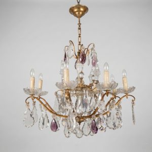 Grand Lustre Cage de Style Louis XV à Pendeloques de Cristal et Gouttes Améthyste, vers 1950 anciellitude